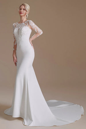 White Mermaid Long Sleeves Sweep Train Wedding Dress with Lace - Koutun Dress