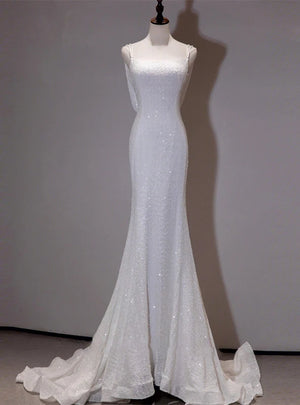 White Mermaid Sequins Backless Wedding Dress - Koutun Dress