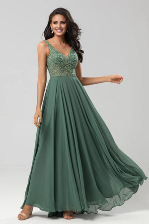 A Line V Neck Eucalyptus Long Prom Dress Charismatic Bridesmaid Dress with Beading - Koutun Dress
