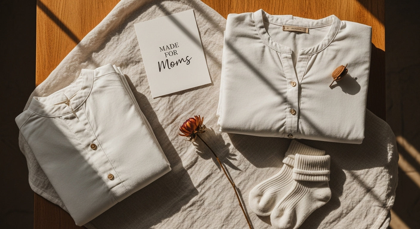 A mother wrapped in a soft, comfortable Navra garment, feeling loved.