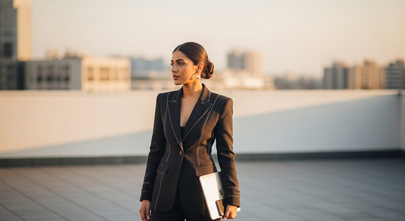 A woman looking powerful and confident in an ethnic blazer with structured sleeves.