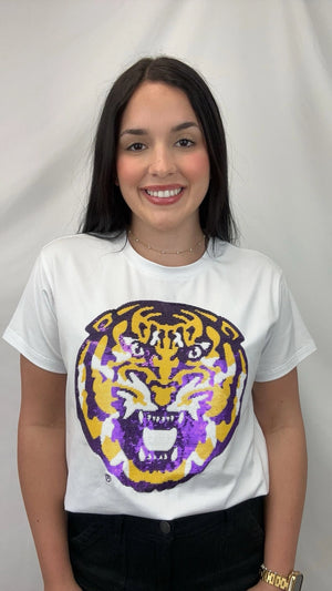 Women's LSU Tigers Welcome to Death Valley Sequin Tee - Mike's Den