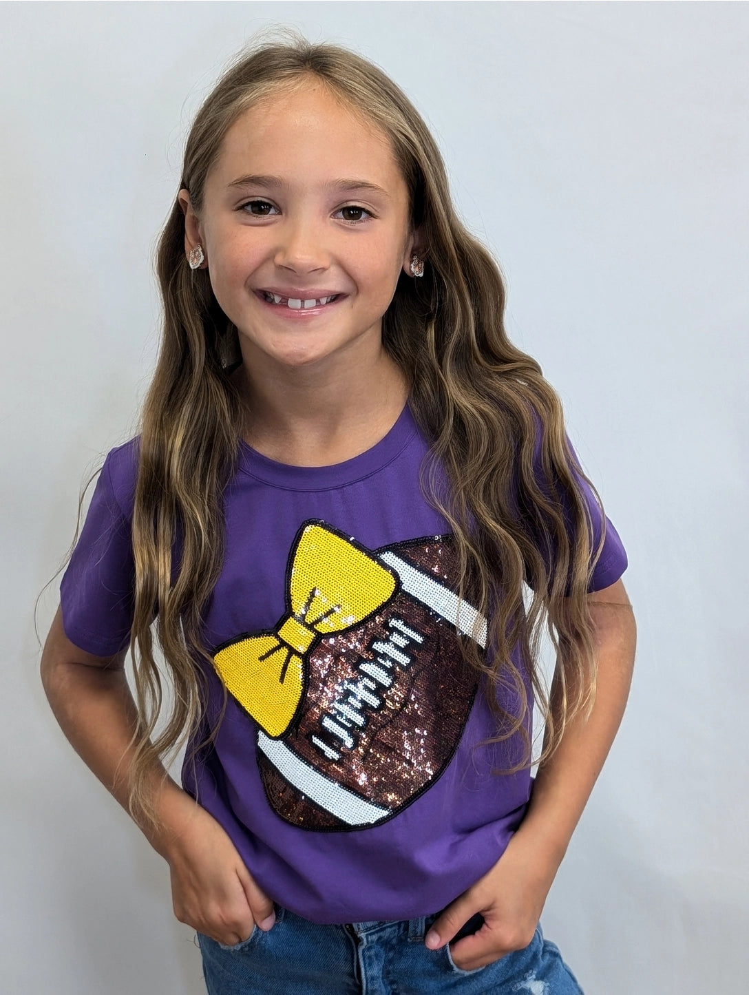 Girls LSU Football Sequin Jersey Tee - Purple