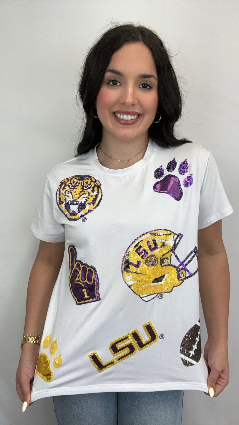 Women's LSU Scattered Logo Sequin Tee