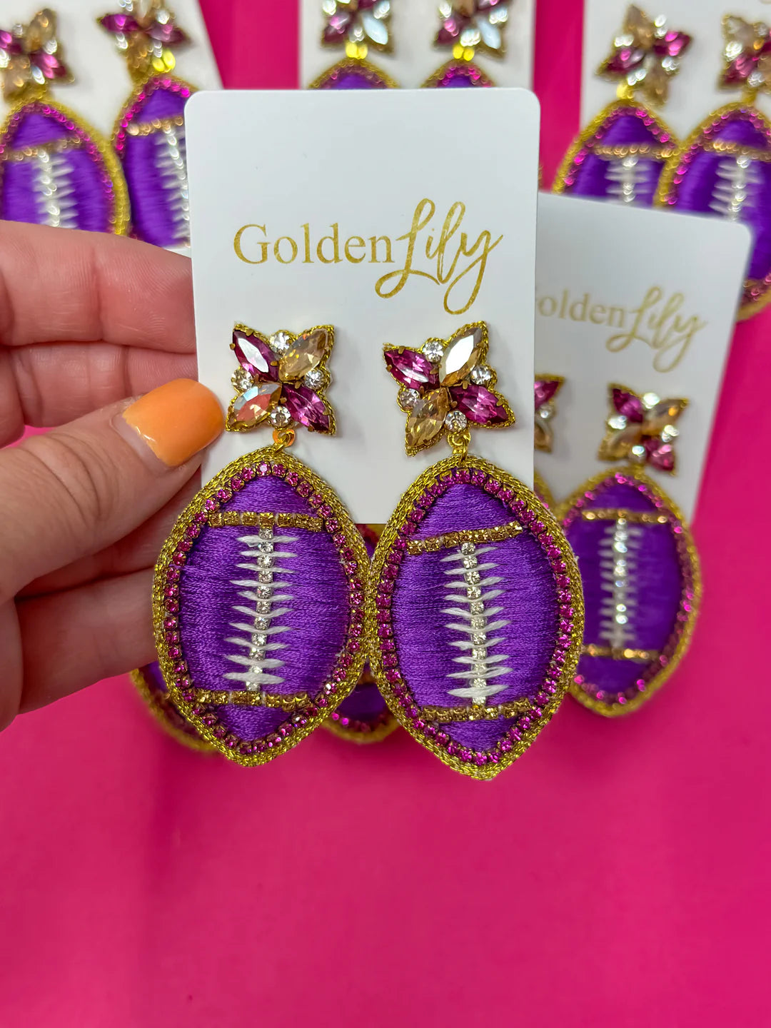 Football dangle earrings - purple and gold