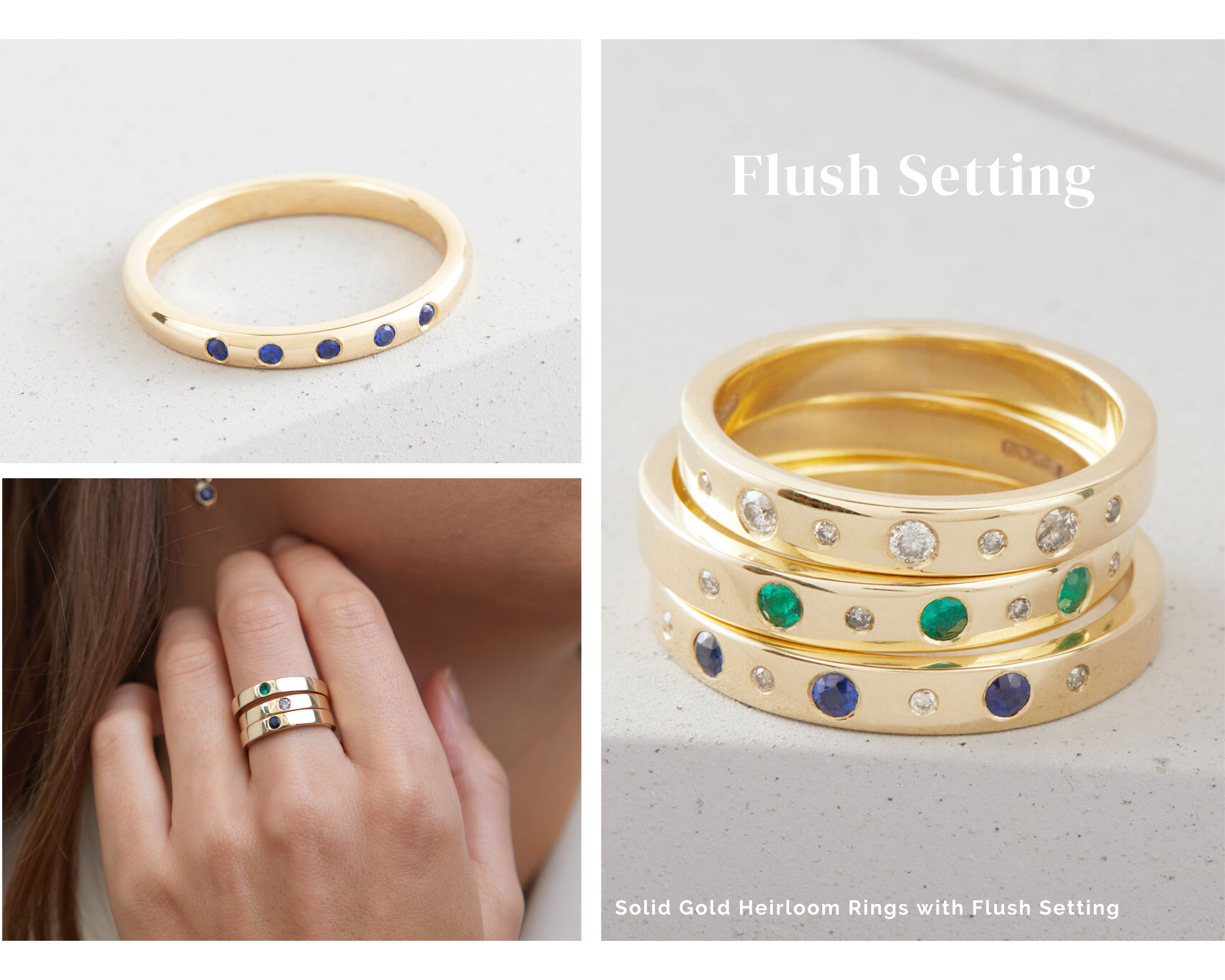 solid gold flush setting rings by Maya Magal London