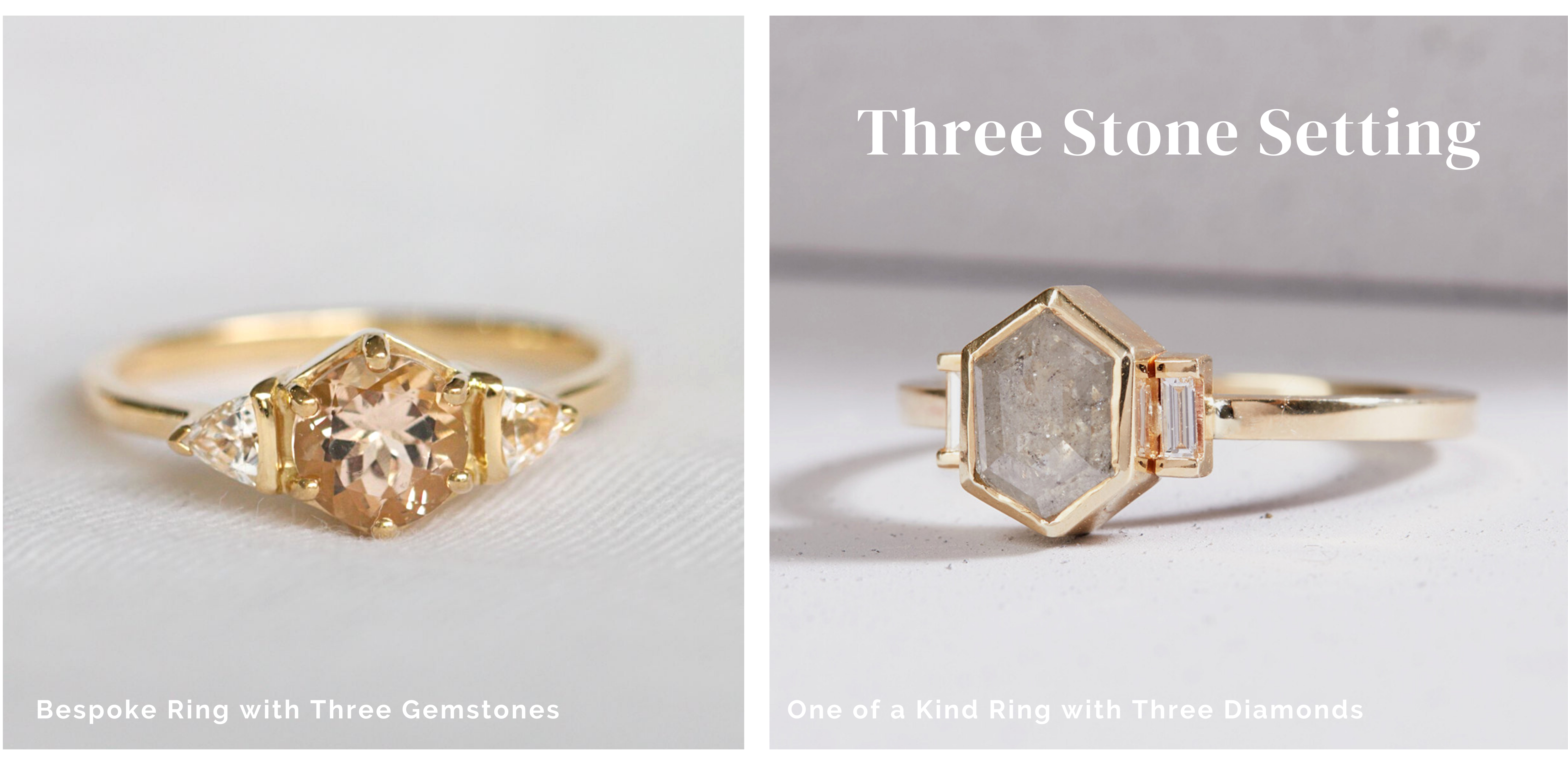 three stone rings by Maya Magal London