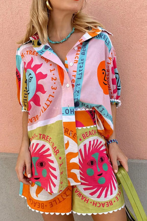 Printed Button Down Shirt and Shorts Set - ollieeandellie.com