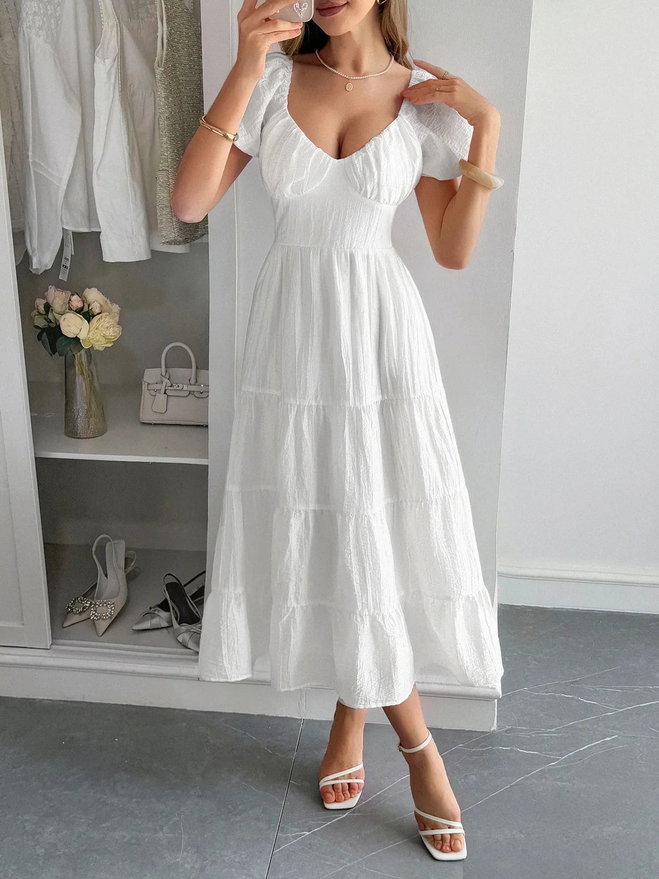 V-Neck Short Sleeve Midi Dress