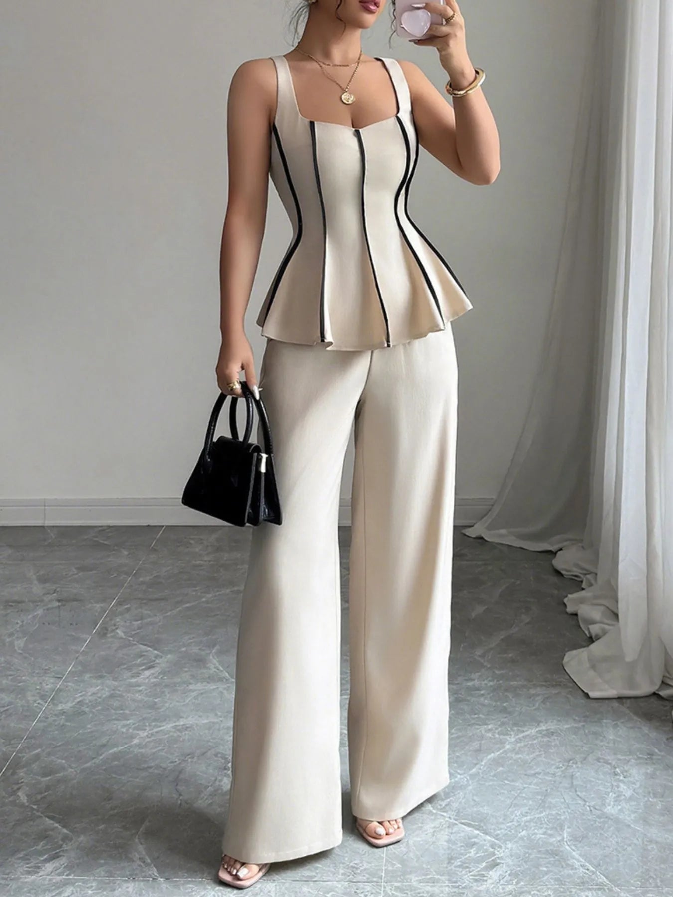 Contrast Piping Top and Wide Leg Pants Set