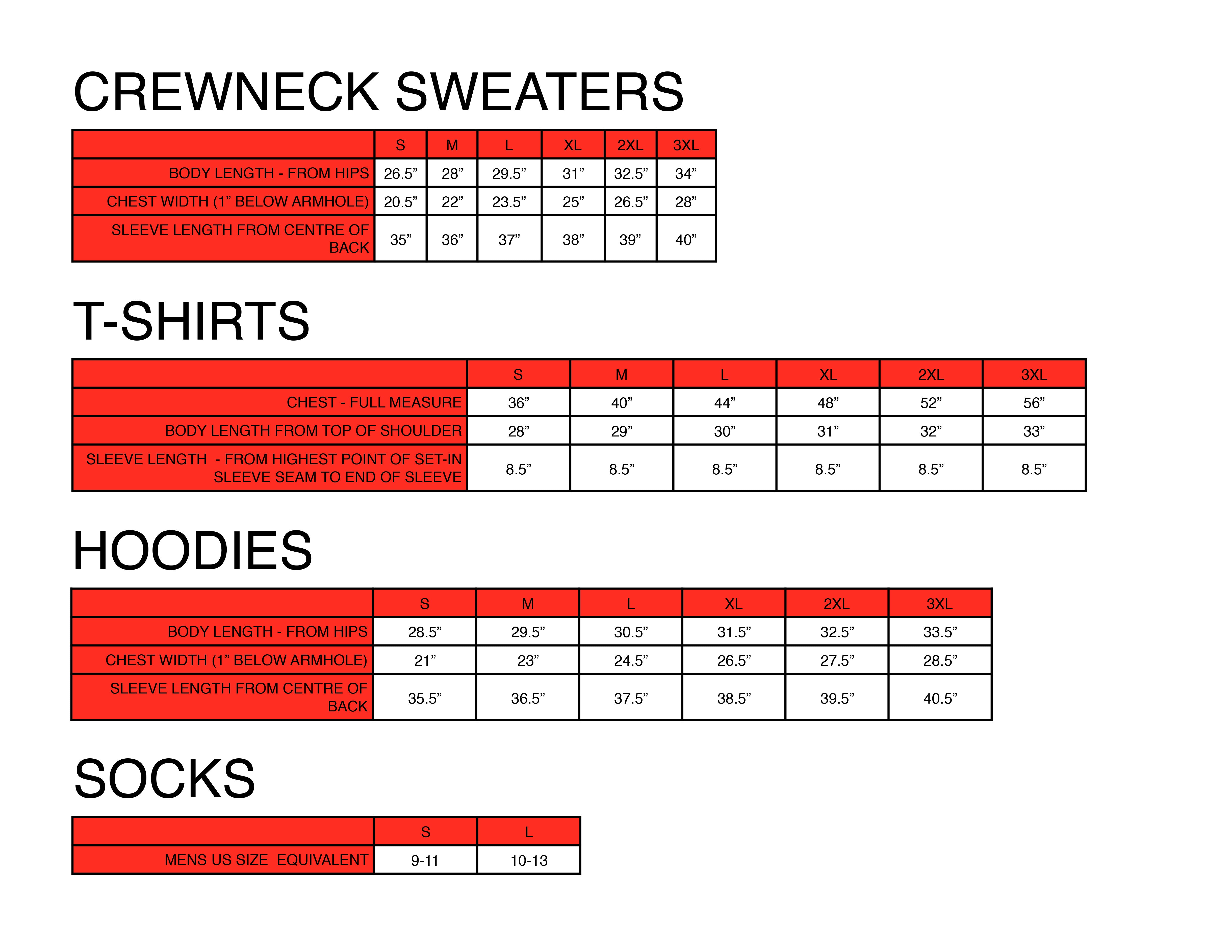 No Fun® Apparel Size Chart