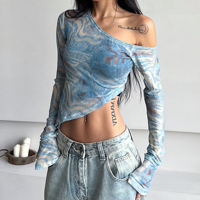 Blue Marble Asymmetrical Crop Top