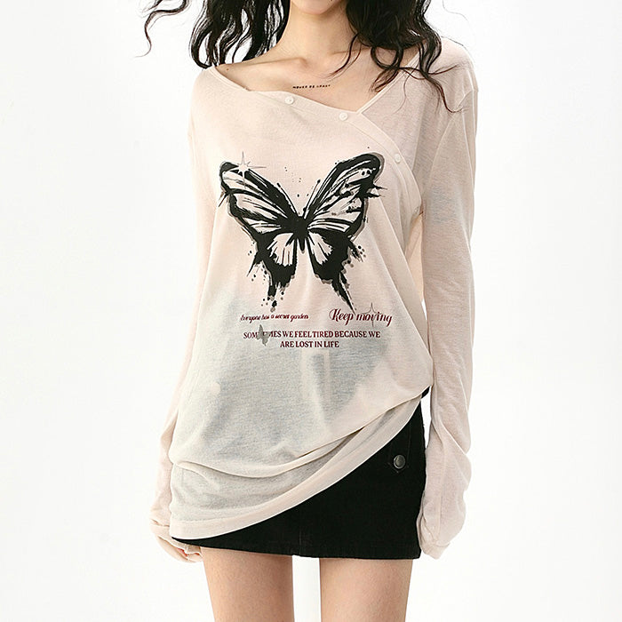 Butterfly Print See Through Top