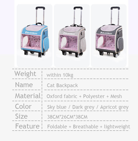 Cat Carrier Backpack With Wheels Rolling Foldable 3 Color Trolley