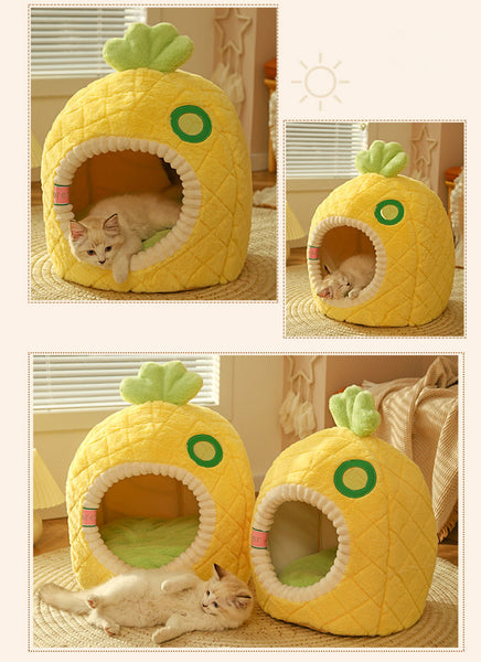 Cat Bed Yellow Pineapple Shape House Soft Plush Cat Cave Nest