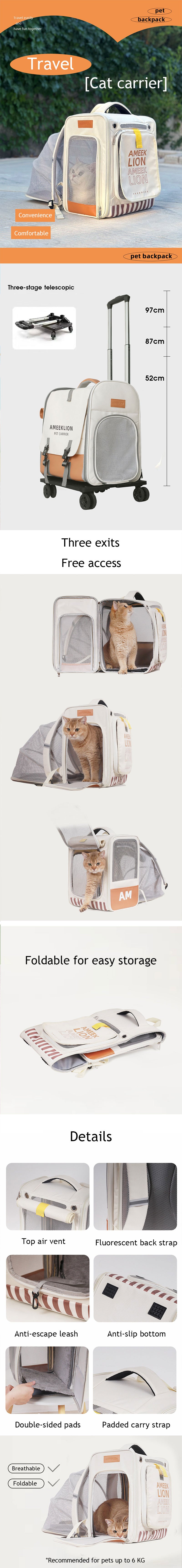 Cat Carrier Backpack Expandable Orange Cat Bag On Wheels