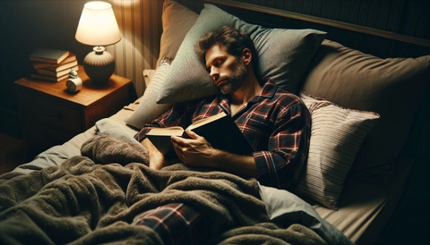 Homme qui s'est endormi en lisant au lit