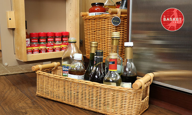 Use Baskets To Organize Your Small Kitchen - Through My Front Porch