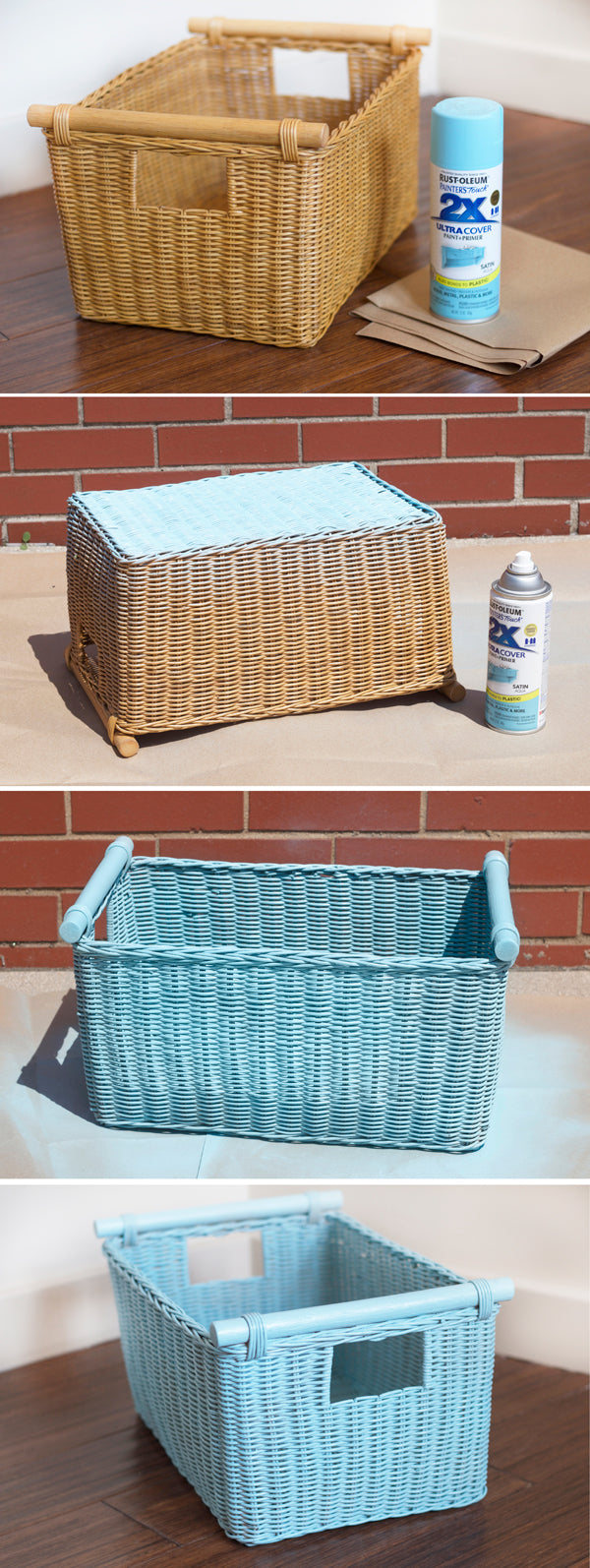 Step-by-step images for spray painting our Pole Handle Storage Basket