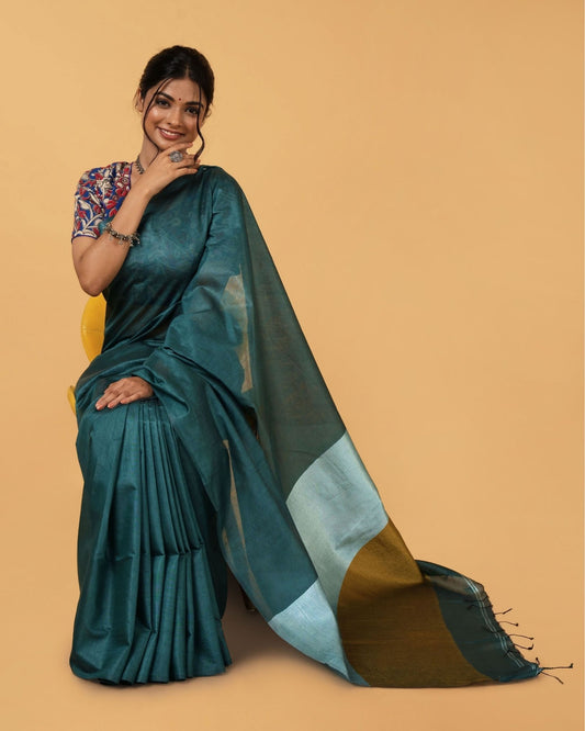Silk Linen Plain Saree Dark Blue Color with contrast border and attached  Running Blouse-Indiehaat –