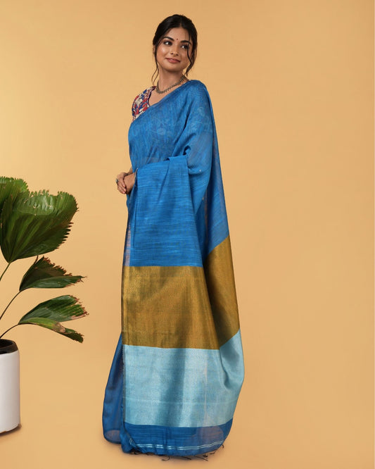 Silk Linen Plain Saree Dark Blue Color with contrast border and attached  Running Blouse-Indiehaat –