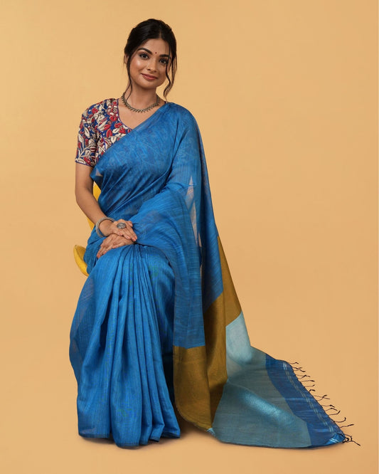 Silk Linen Plain Saree Dark Blue Color with contrast border and attached  Running Blouse-Indiehaat –