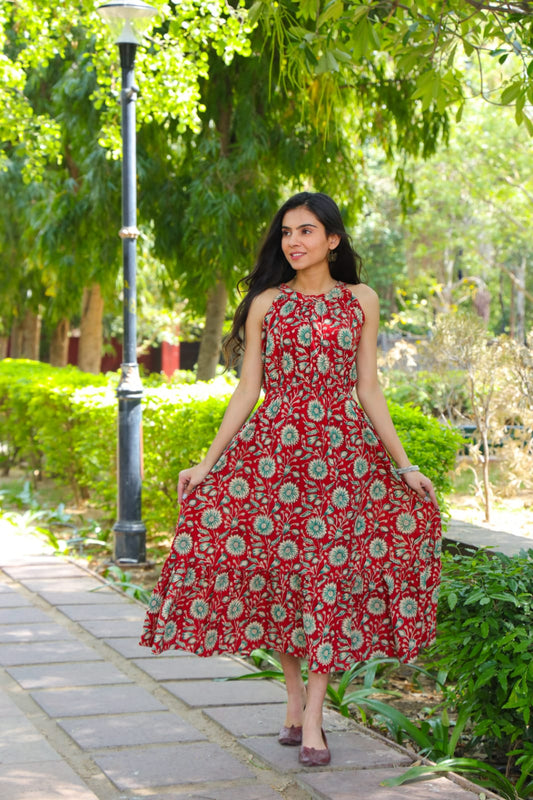 5771-Pure Cotton Halter Neck Midi Red Dress Hand Block Printed (Size: 38-46)