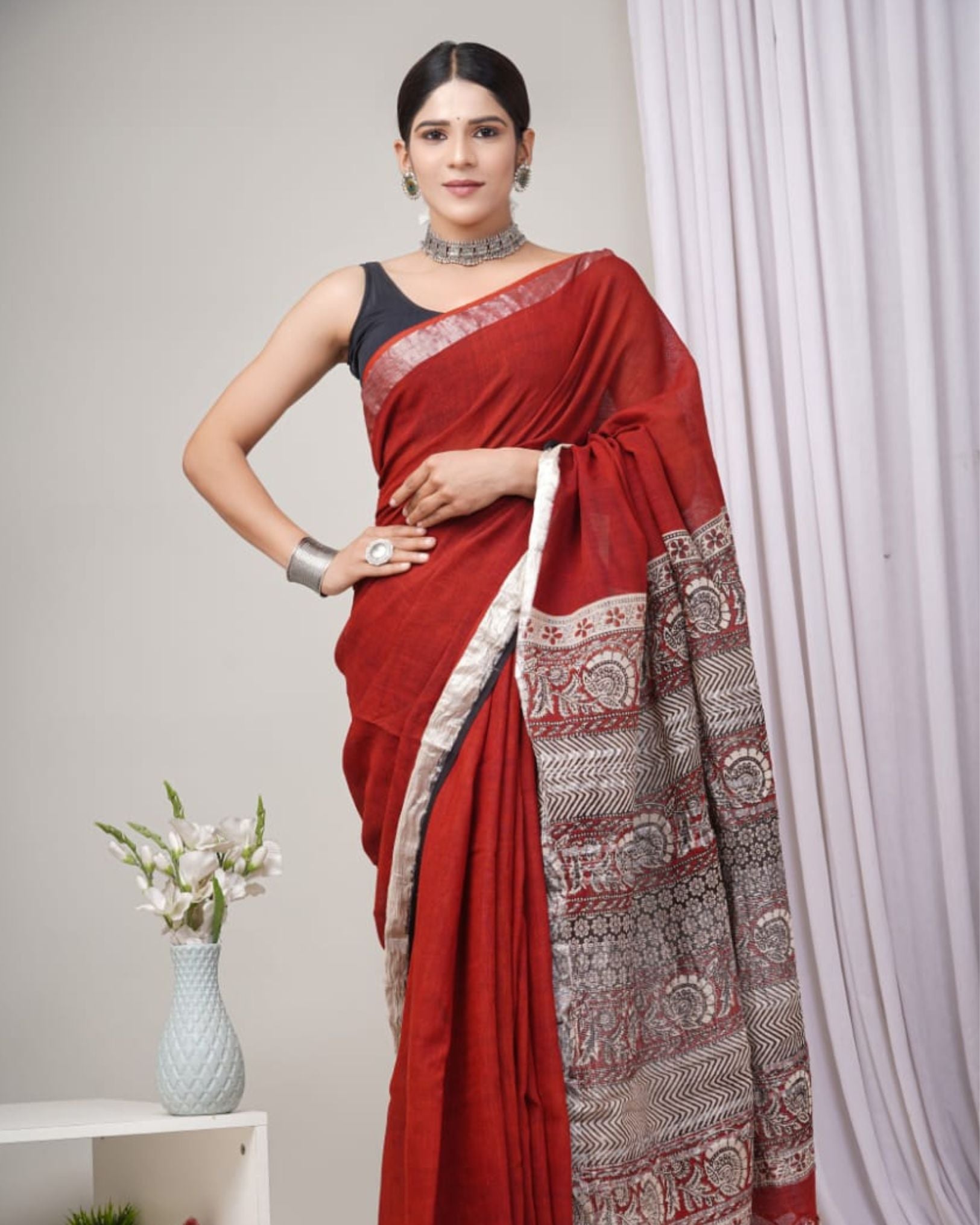 Black And White Color Kalamkari Digital Printed Linen Saree.. –  shaanjcollection