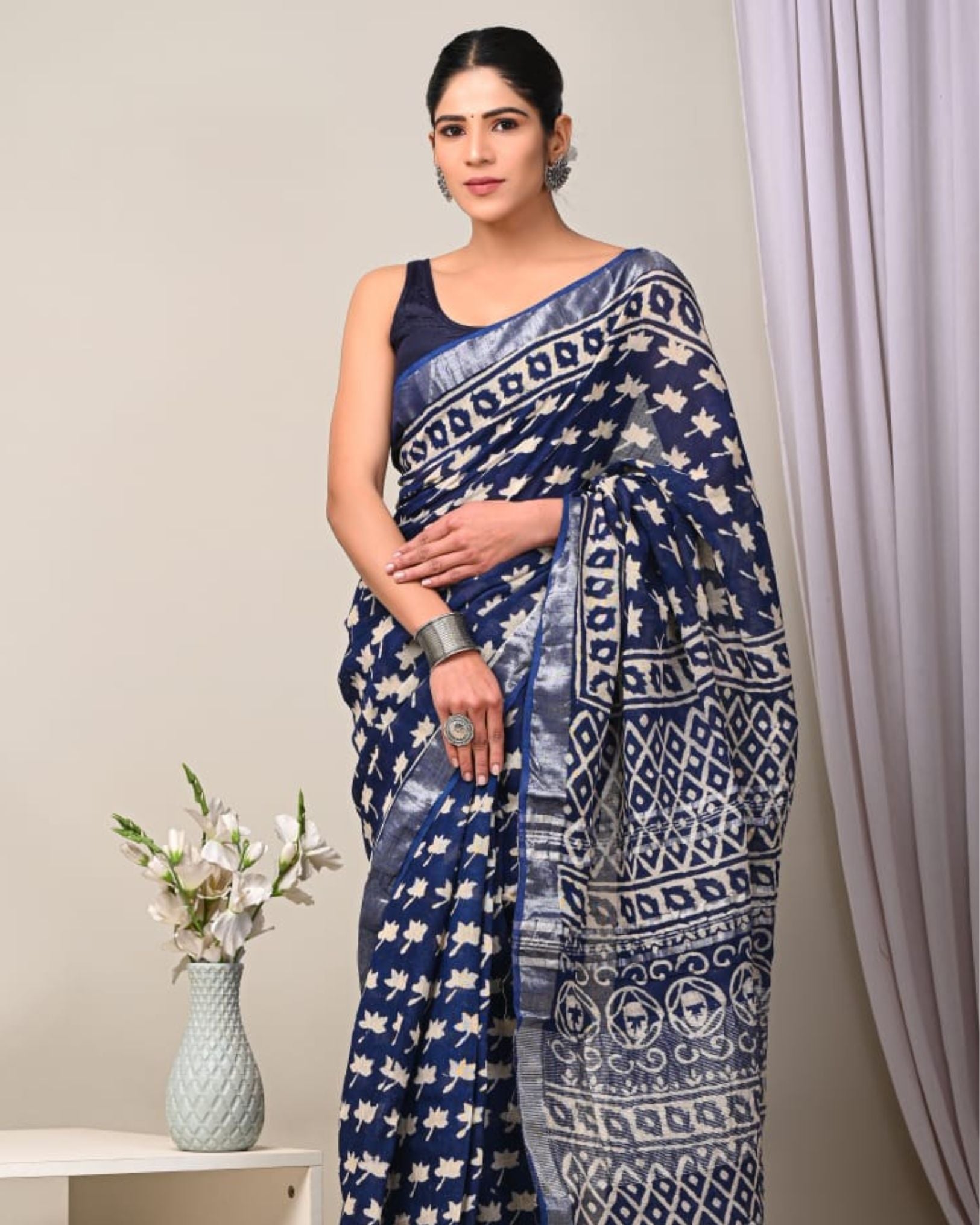 Oorjaa Hand-Woven Block Printed Indigo Linen Saree -... | Indigo linen,  Indigo prints, Blouse piece