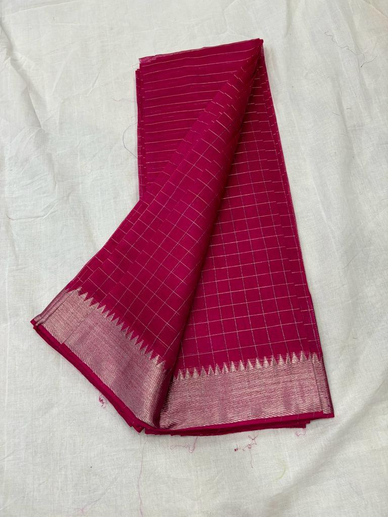 Mustard and Pink Checks Without Zari Pure Kanchipuram Silk Sari– Clio Silks