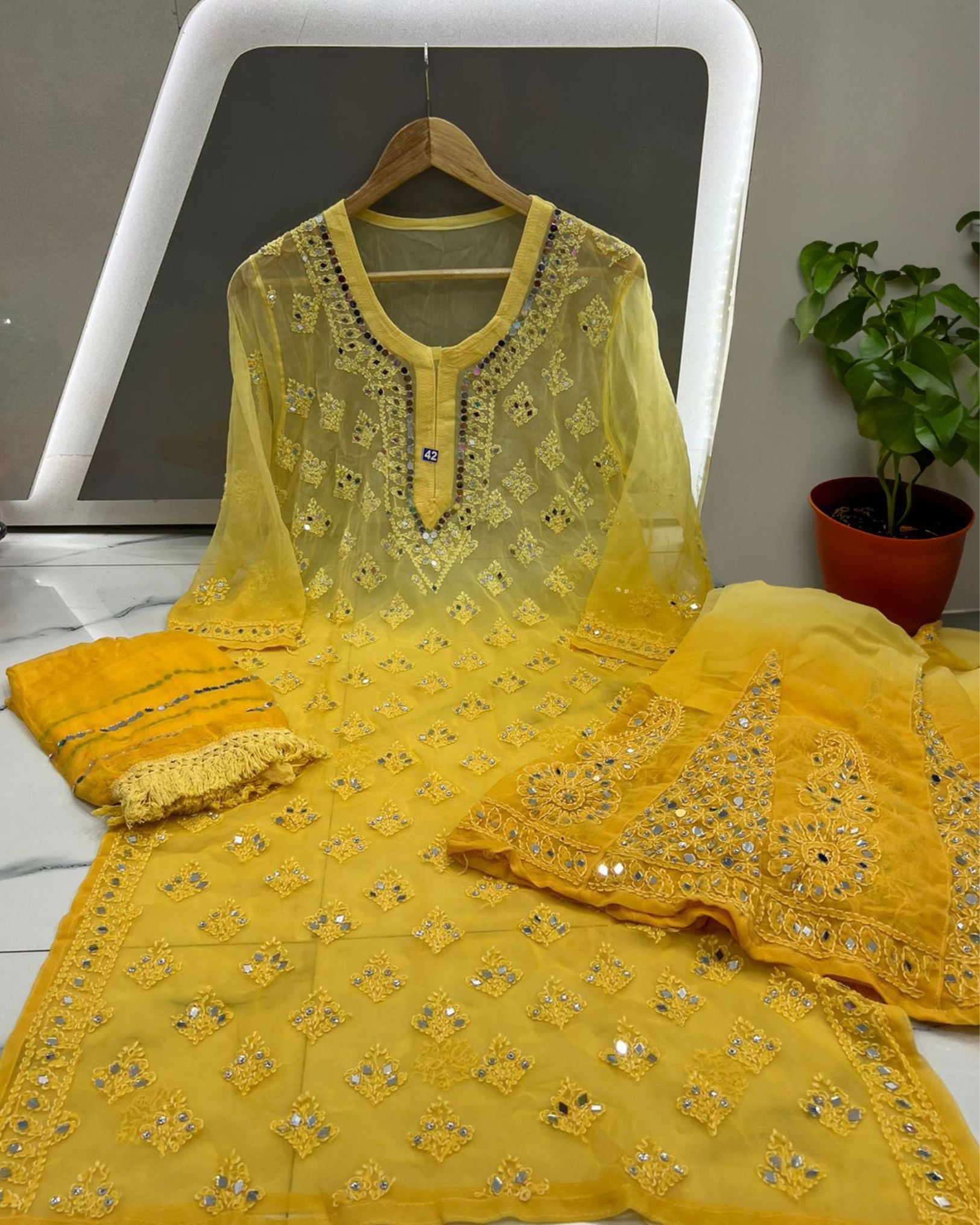 Goldenrod Yellow Flared Dress With Bandhani Mirror Work Jacket – Hatheli