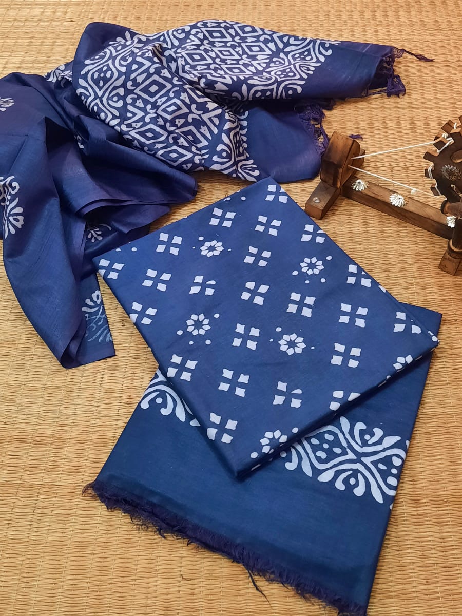 Indigo Blue Handblock Printed Unstitched Cotton Suit Set With Kota Doriya  Dupatta – ArtizenWeaves