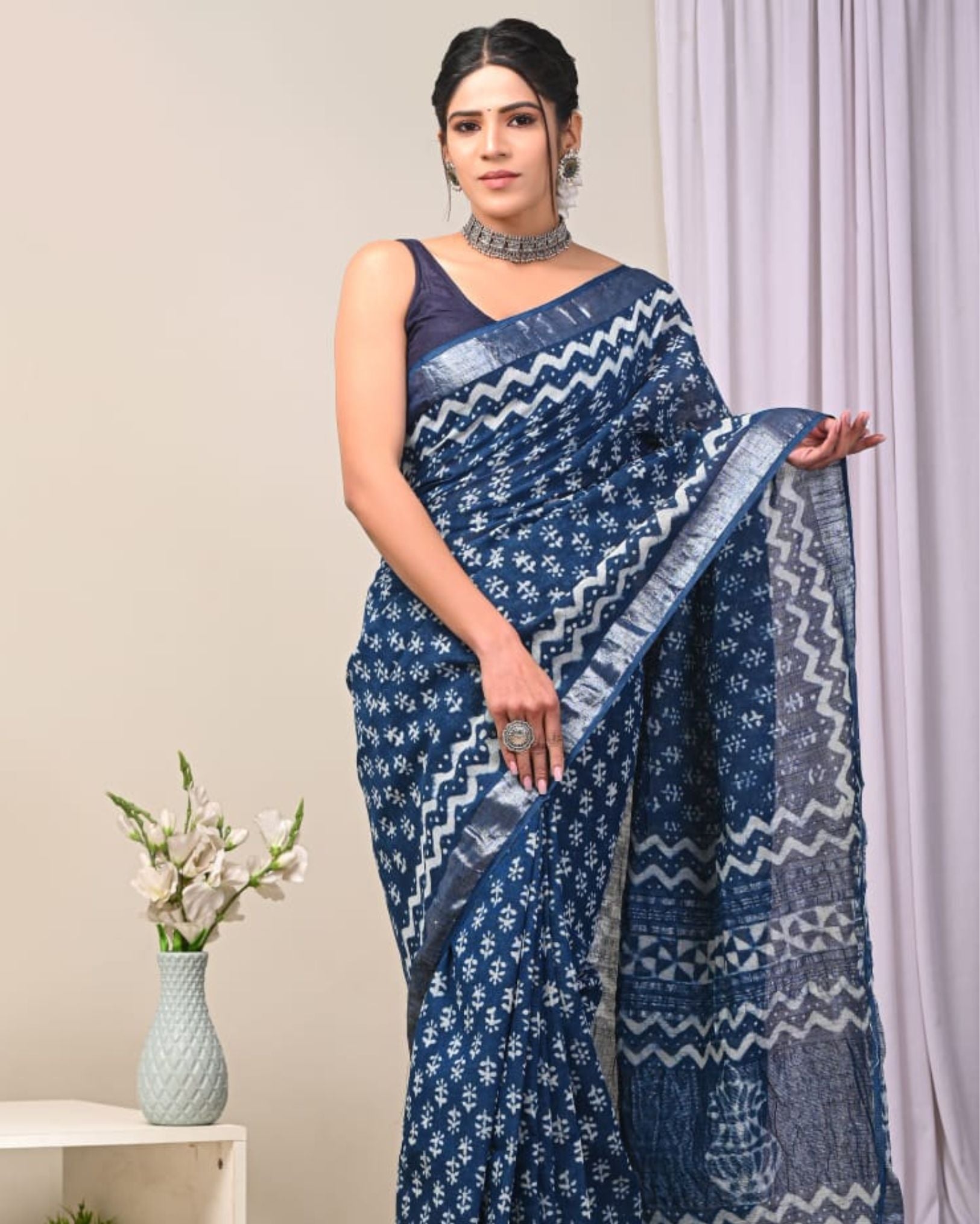 STS-10 Pure Linen Silk Saree with Kalamkari digital Print along with s -  Sreya Trends LLC