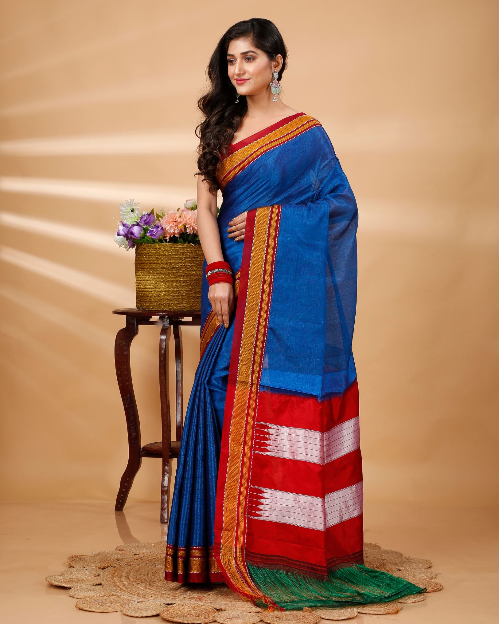 Jha And Sons Cotton Silk Saree With Golden Border In Navy Blue