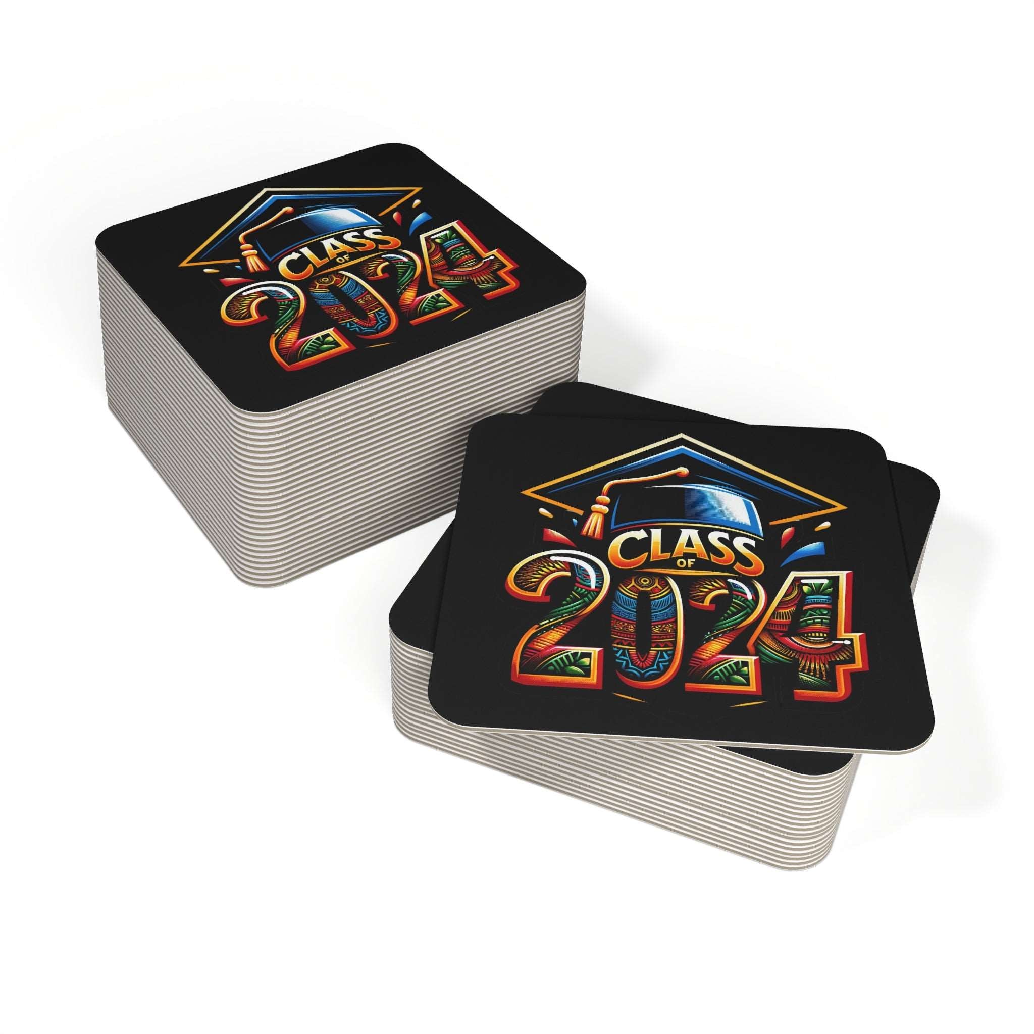 Afrocentric Class of 2024 Graduation Square Coasters, 4" HBCU Kente Cloth Print Bulk Hardboard Coasters