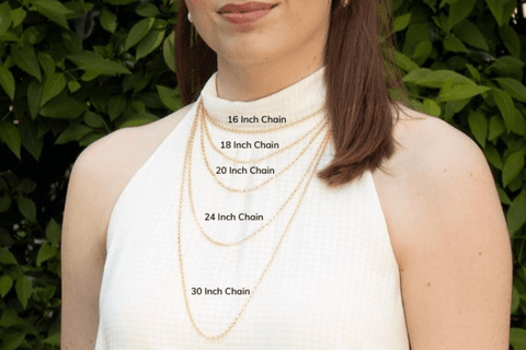 Lily Blanche how to choose your chain length, model wearing chain lengths 16 - 30 inches