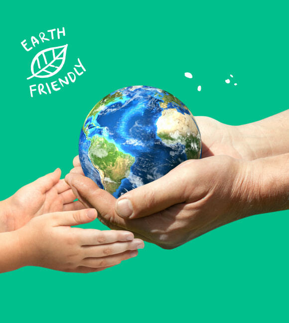 Adult hand passing a globe to a childs hands on a green background, text displaying Earth Friendly
