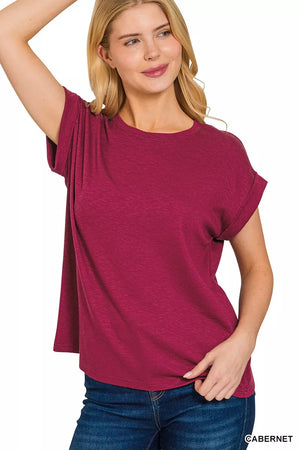Zenana Cotton Modal Slub Rolled Sleeve T-Shirt - CatConcepts