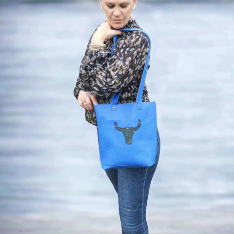 sac cabas en cuir bleu femme