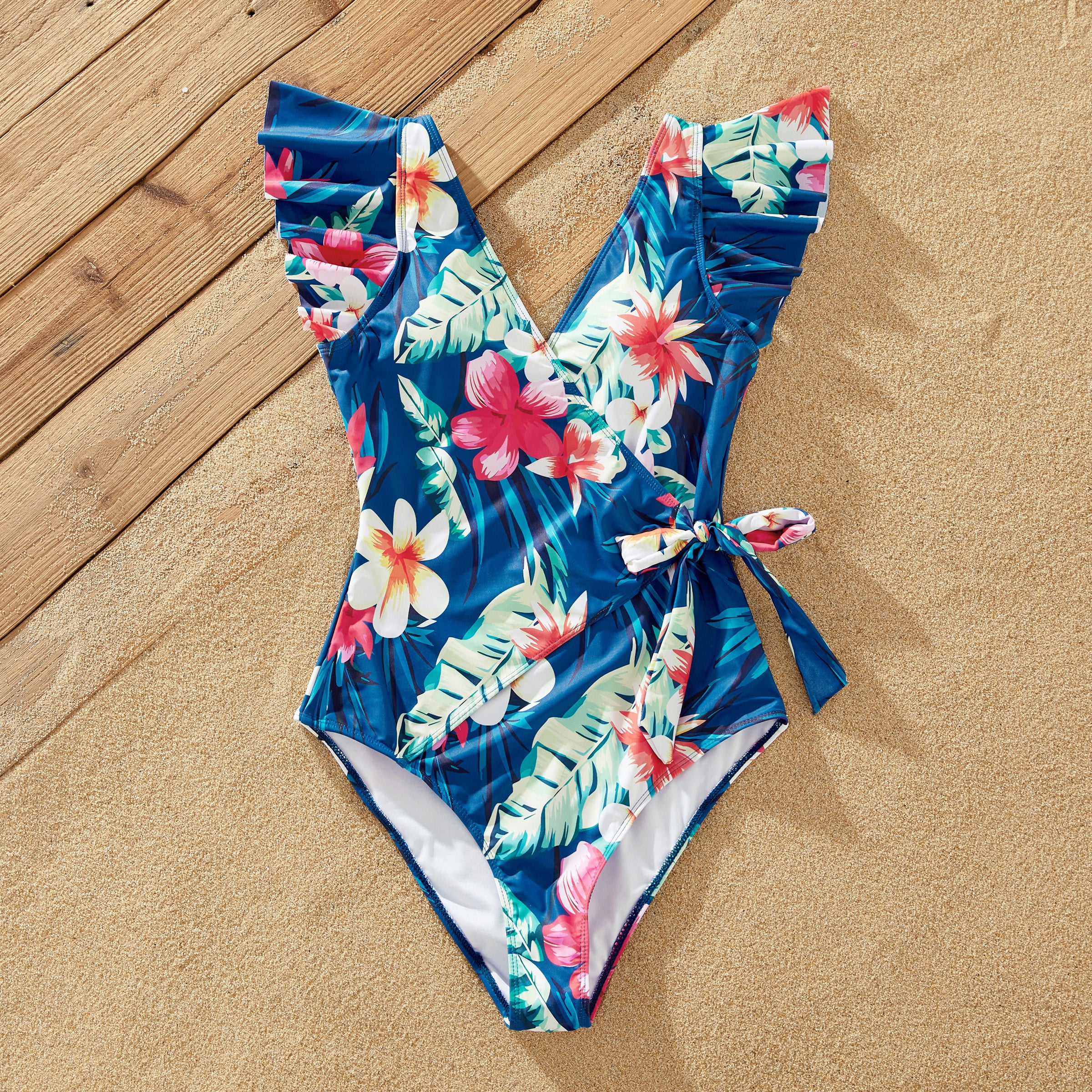 Family Matching Floral Drawstring Swim Trunks or Flutter Sleeves Knot Side One-piece Swimsuit