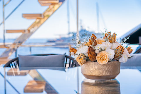 Luxurious golden, white and yellow arrangement, on the beautiful yacht Renewal 3.