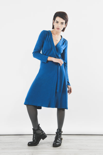 Outsider teal wrap dress in merino wool - ethical fashion