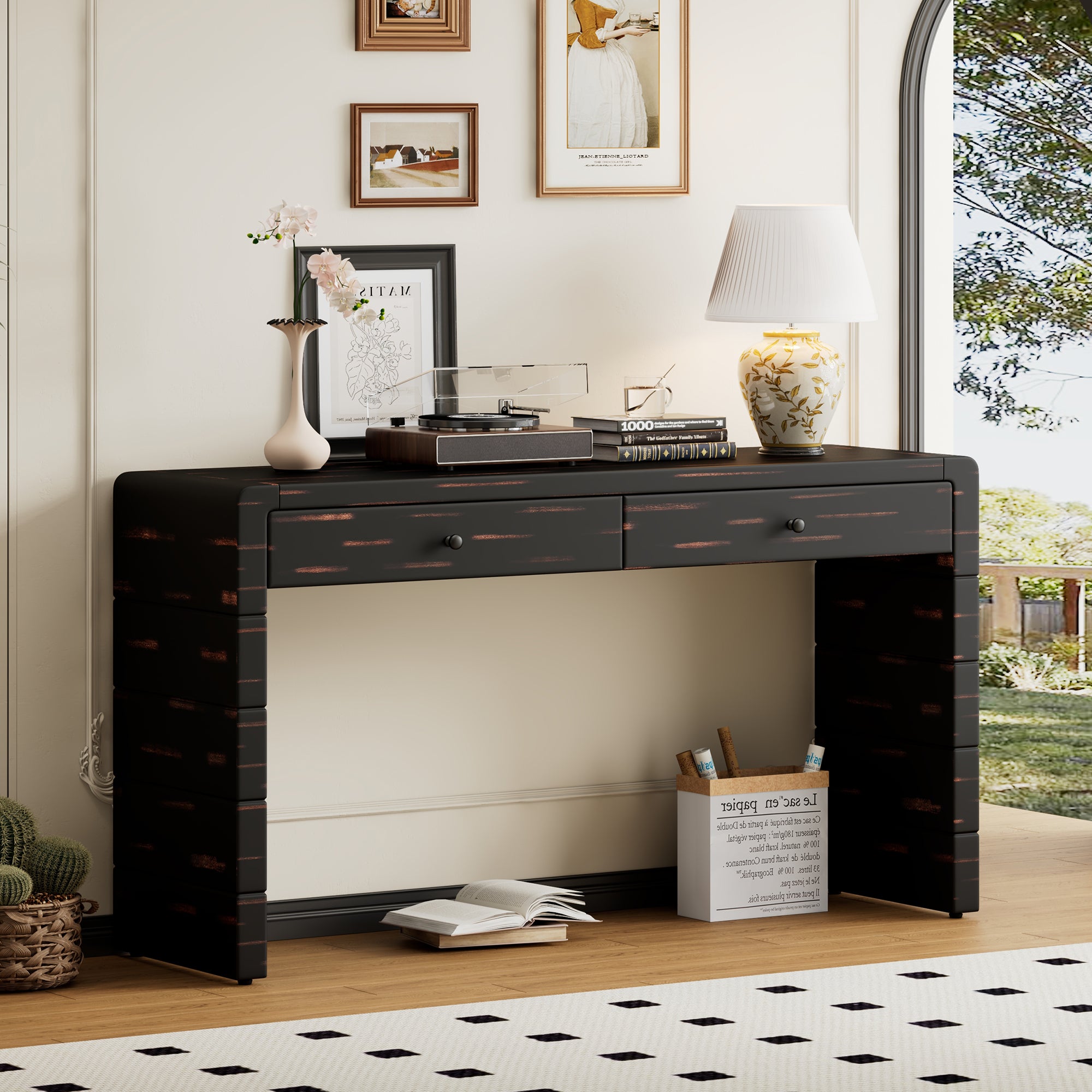 TREXM Curved Console Table with Storage, Wooden Entryway Table with 2 Drawers, Farmhouse Rustic Console Tables for Entryway, Hallway, Living Room, Distressed Black