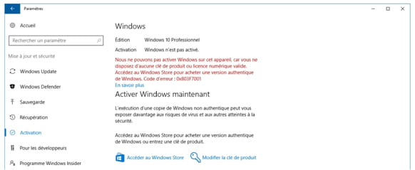 Panneau activer Windows 10