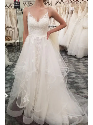 Popular Tulle Spaghetti Straps Neckline A-line Wedding Dresses With Appliques Beautiful Wholesale - Aimishang Dresses Wholesale