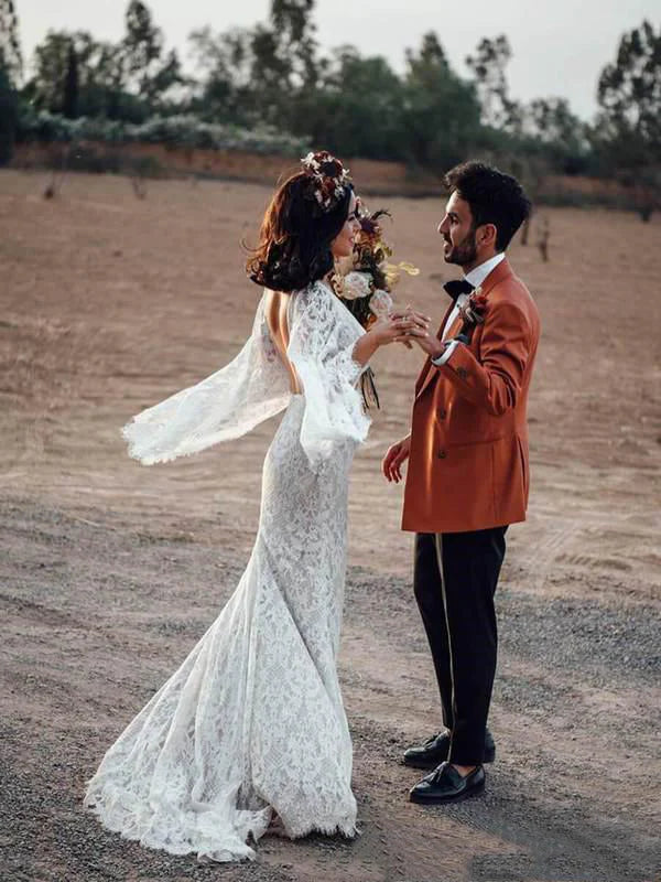 Wonderful V-neck Lace Wedding Dresses Mermaid Backless Bridal Gowns Charming