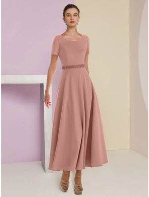 Aimishang  A-Line Mother of the Bride Dress Wedding Guest Elegant Scoop Neck Ankle Length Satin 3/4 Length Sleeve with Feather Bow(s) Beading - Aimishang Dresses Wholesale