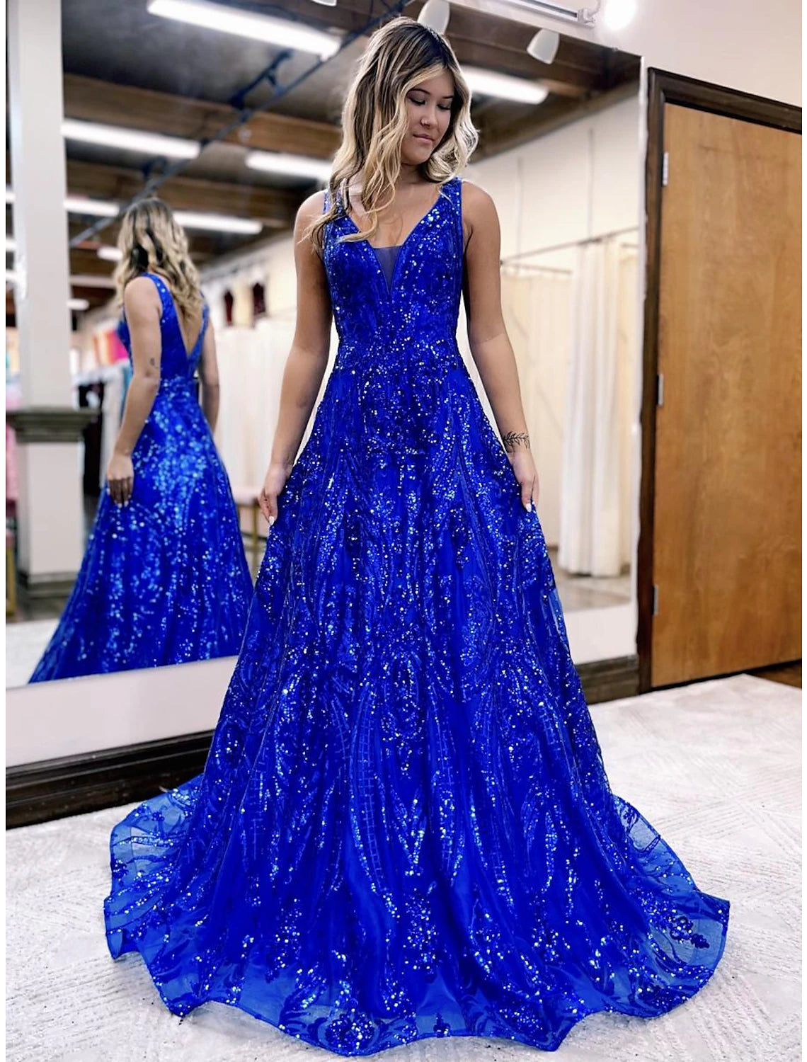 Aimishang A-Line Prom Dresses Sparkle & Shine Dress Formal Wedding Party Floor Length Sleeveless Charming Evening Party Dress