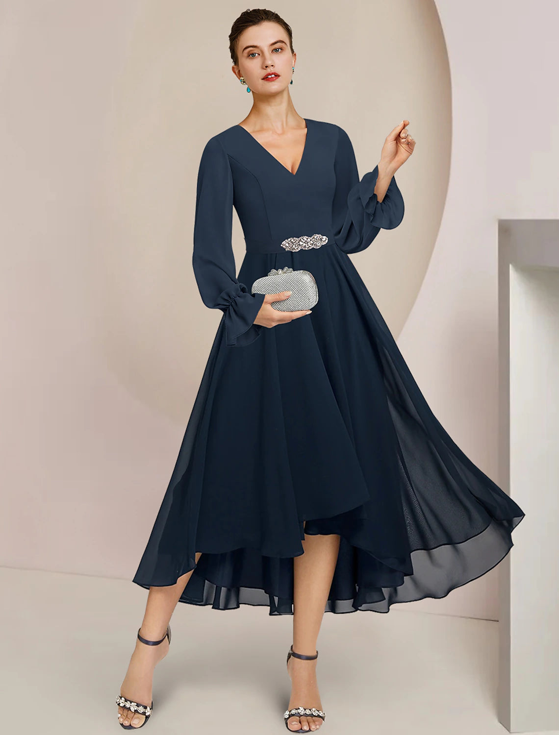 Aimishang  A-Line Mother of the Bride Dress Formal Wedding Guest Elegant High Low Scoop Neck V Neck Asymmetrical Tea Length Chiffon Long Sleeve with Crystal Brooch