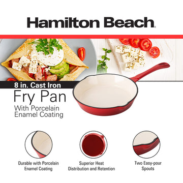 Hamilton Beach 10 Inch Enameled Coated Solid Cast Iron Frying Pan Skillet,  Red 